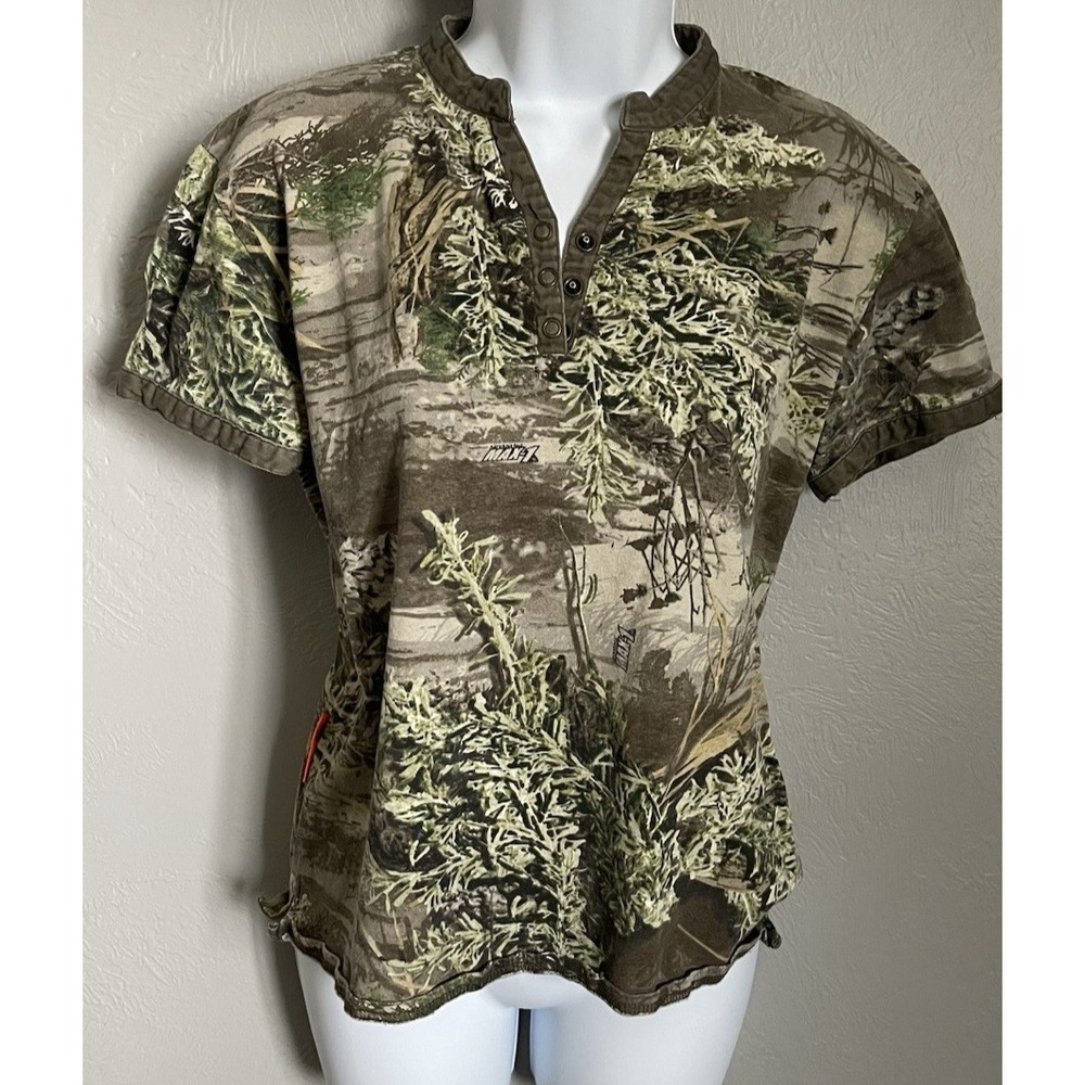 SHE Safari‎ Outdoor Apparel Shirt Womens Large Camo Hunting Short Sleeve T Shirt